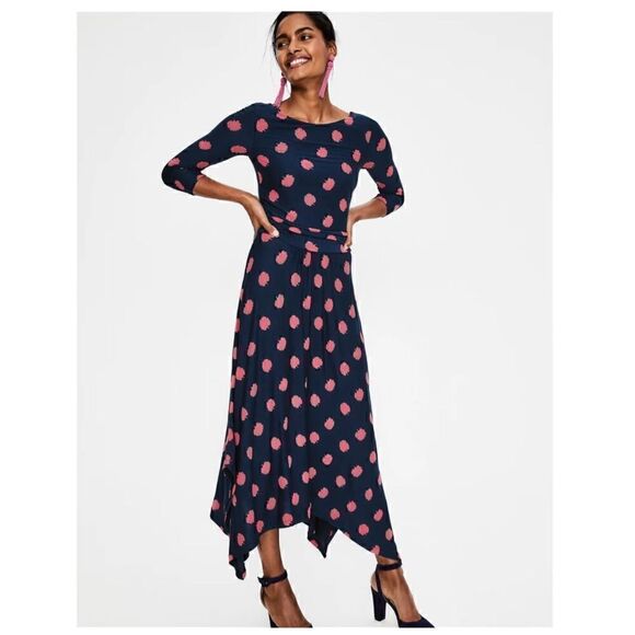 Boden Maisie Matte Navy and Pink All Over Floral Jersey Handkerchief Hem Midi Dr - Picture 13 of 13